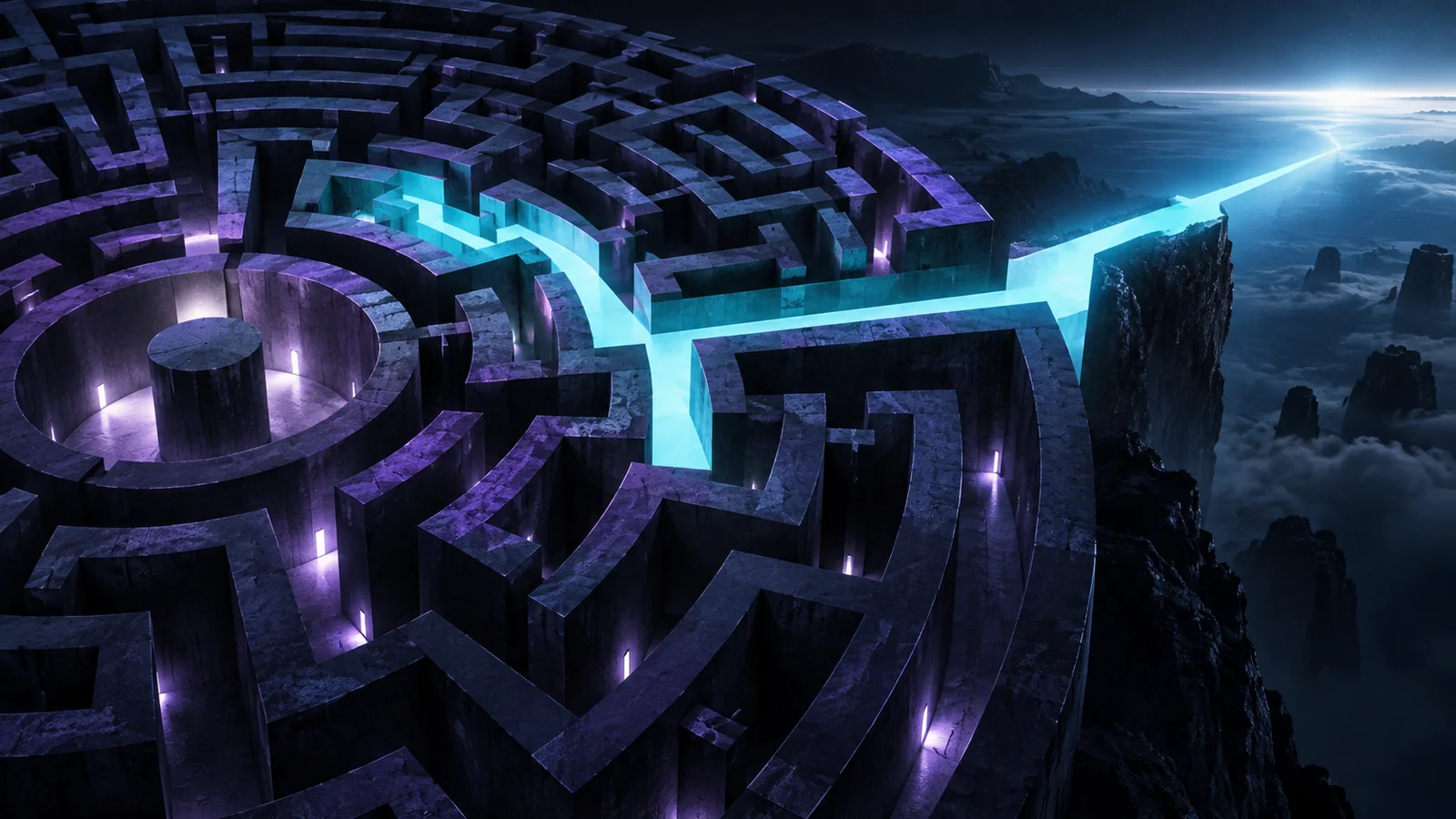 Ein leuchtender Weg führt aus einem dunklen geometrischen Labyrinth
